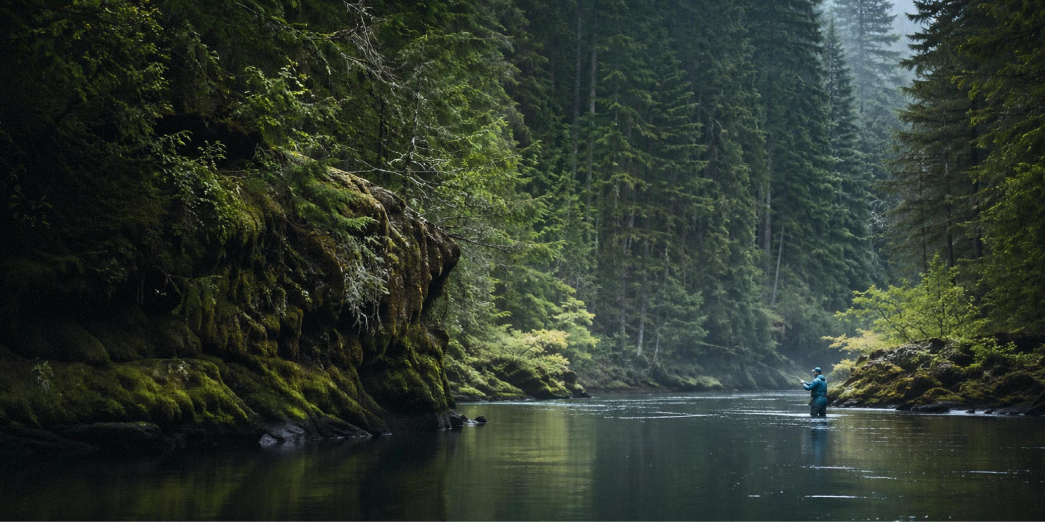 Angler standing in a forest river